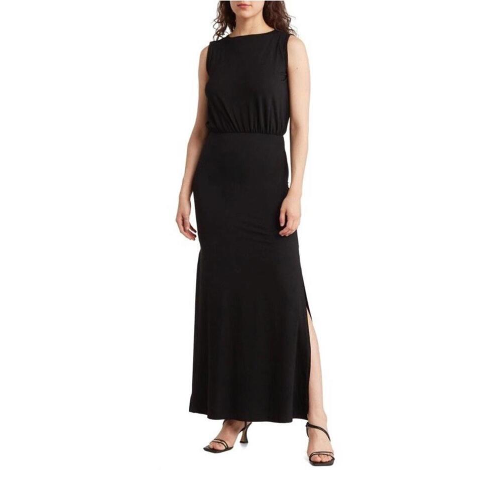 Go Couture Blouson Jersey Knit Navy Blue Maxi Dress Women's L NWOT